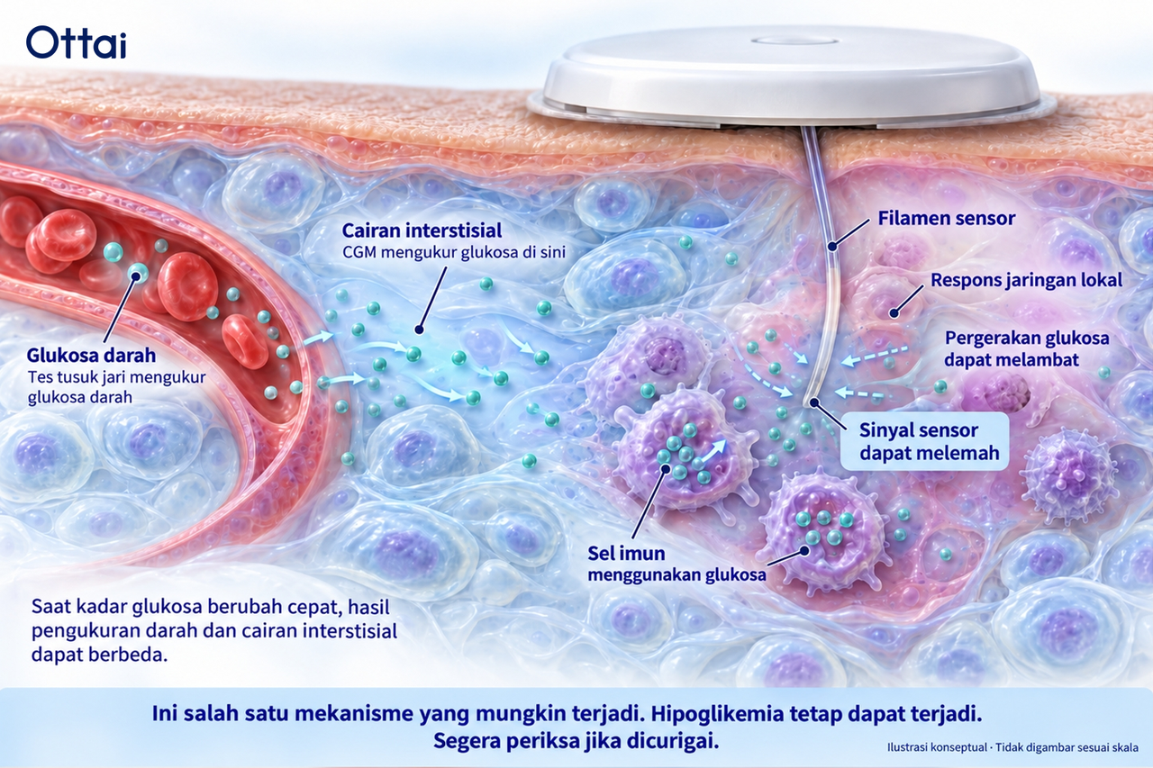 Respons jaringan lokal dapat melemahkan sinyal sensor CGM baru dan berkontribusi pada pembacaan awal yang lebih rendah.