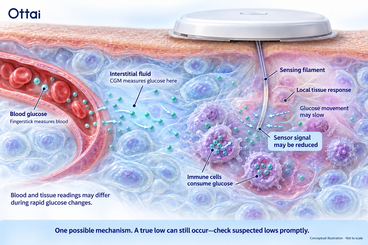 Local tissue responses around a newly inserted CGM sensor may reduce its signal, contributing to lower early readings.